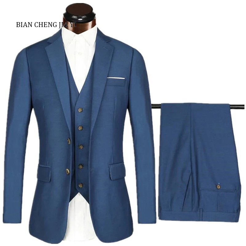 

Blue Wedding Suits For Men Notched Collar Slim Fit (Jacket +Vest+Pants+Bow tie) Custom Made Wedding Groom Tuxedos Suits