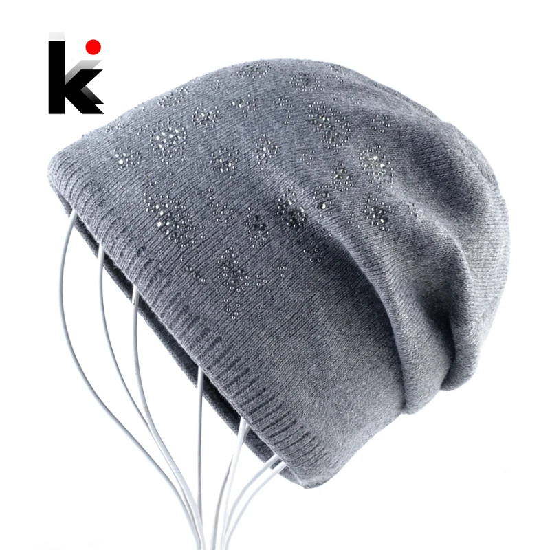 

Women's Winter Hats Ladies New Fashion Rhinestone Knitted Beanies Women Solid Skullies Bonnet Female Double Layer Warm Knit Caps