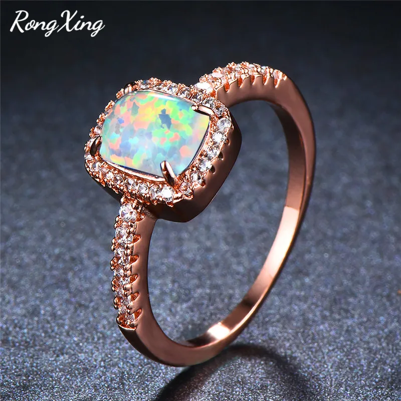 RongXing кольцо с белым/синим огненным опалом, розовое золото, заполненный квадратным камнем, радужные кольца с камнем для женщин, циркониевые модные ювелирные изделия, подарки