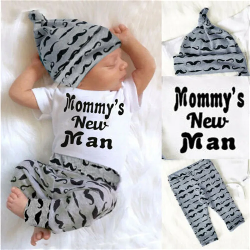 

0-18M 3pcs Baby Boys Clothes Set Letter Print White Sleeve Baby Rompers Tops Beard Print Long Pants Baby Boys Hats Toddler Set