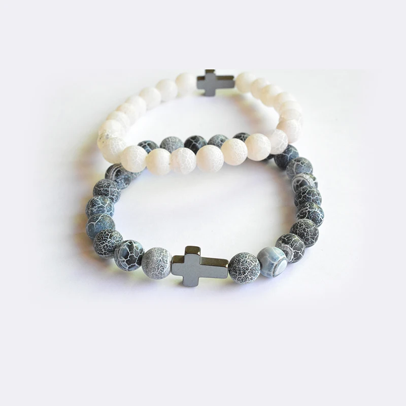 

Wholesale Unisex Natural Stone Cross Men Bracelet Hand Work Black Onyx Volcano Matte Beaded Bracelets Lovers Gifts Jewelry