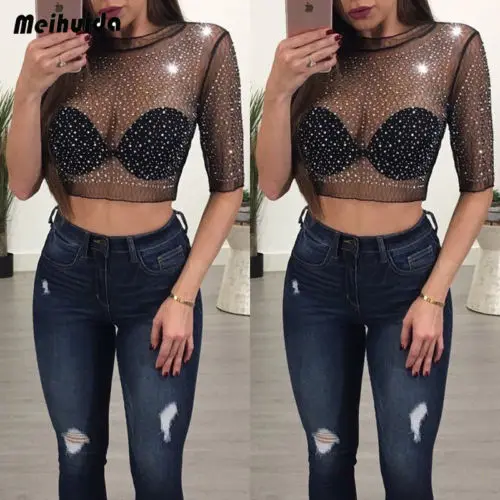 

Fashion Women Summer Floral Transparent T-Shirts Mesh Sheer Crop Top Half Sleeve TShirt Sexy Tee Club Tops New