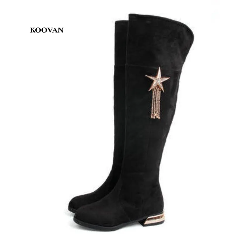 Koovan/детей колена Сапоги и ботинки для девочек для Обувь для девочек звезды и бахромой детей 2017 осень-зима Обувь для девочек зимние сапоги