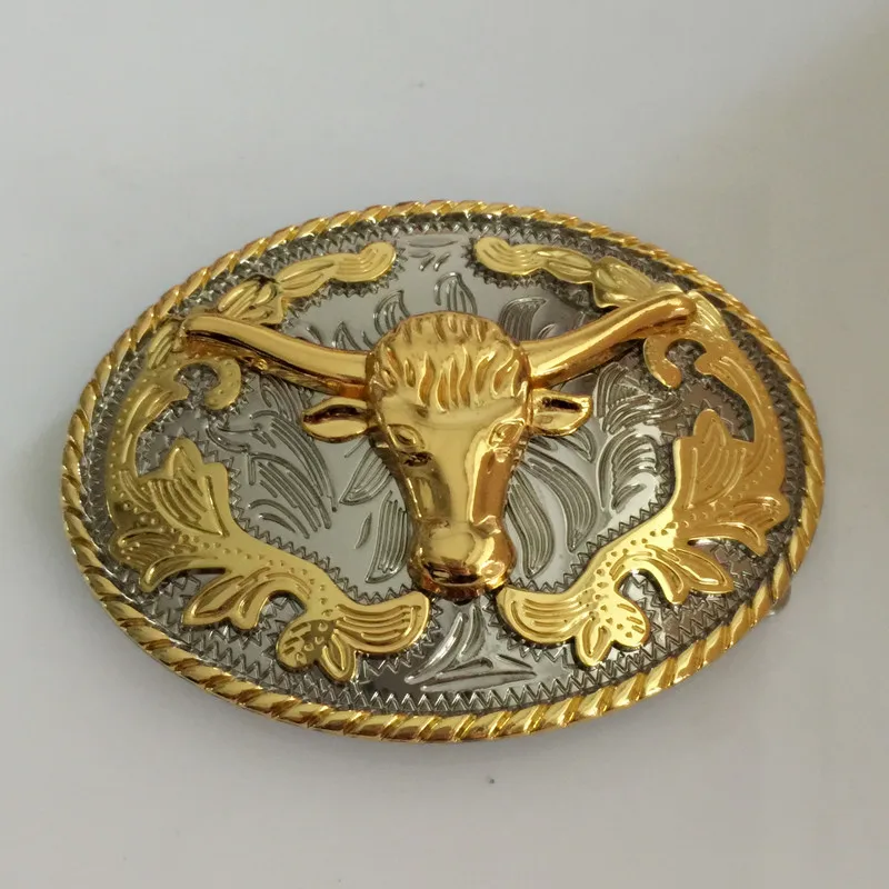 Retail Western Cowboy Belt Buckle High Quality Oval Cool 3D Lace Gold Bull Head Metal Buckles ...