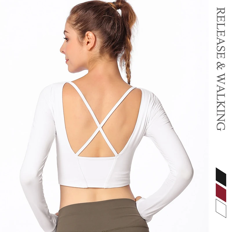 

R&W Tight Sports T-shirts Women Long Sleeve Crop Top Yoga Shirts with Cross Back Style Running Fitness Workout Gym Dancing
