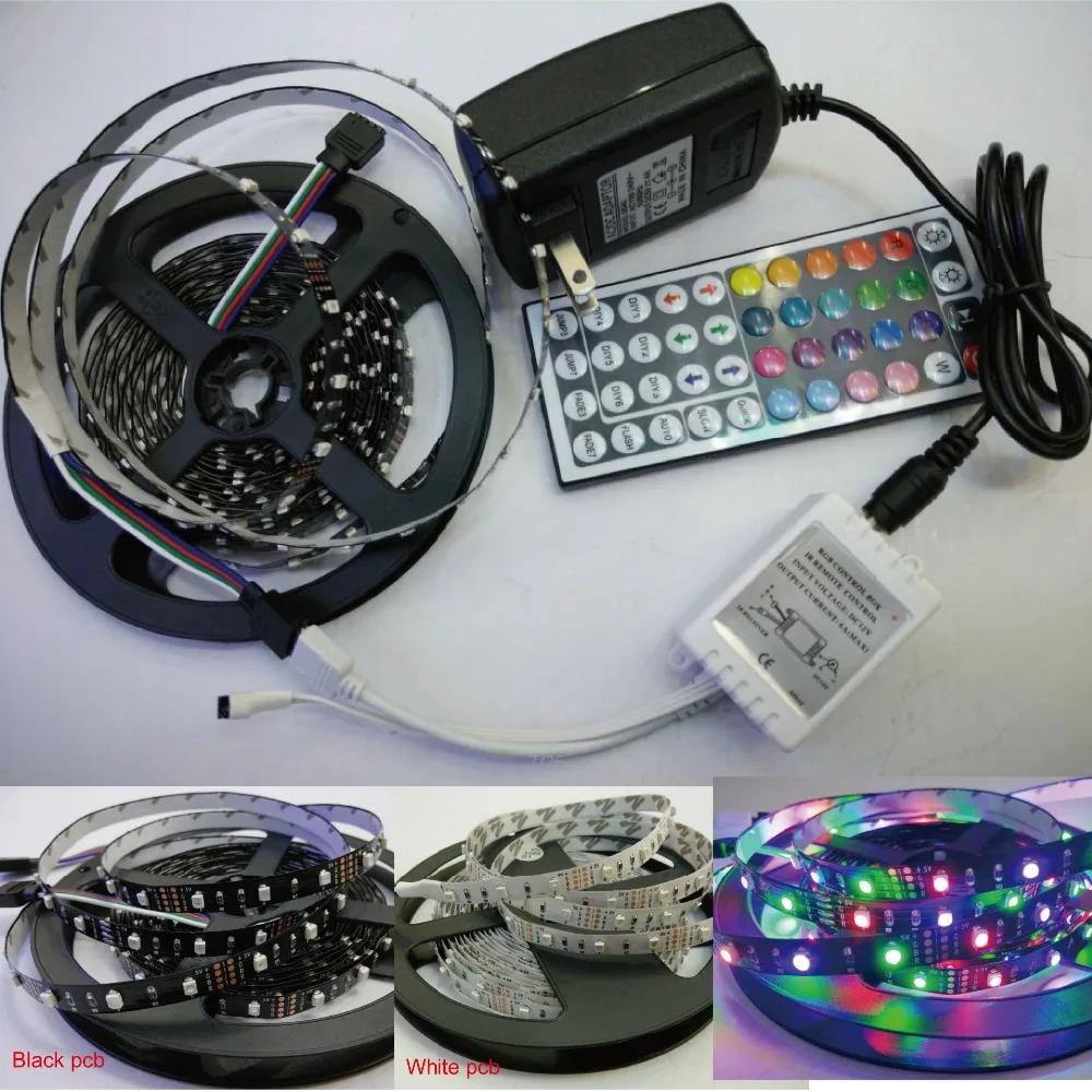 DC5V US/EU adapter LED light 60L/m 300LED 5M black/white pcb LED strip SMD3528 Flexible RGB