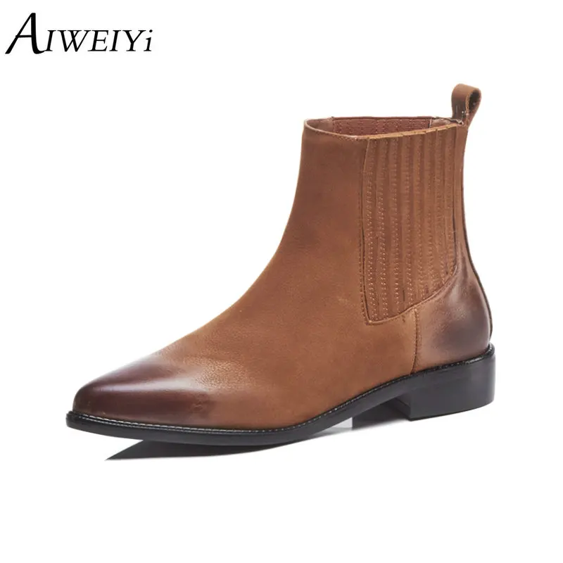

AIWEIYi Women's Fashion Genuine Leather Ankle Boots Pointed toe Platform Shoes Suede Leather Slip On Autumn Winter Short Boots