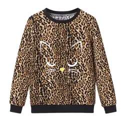 2018 женский леопардовый принт с длинным рукавом маленький кот принт с круглым вырезом плюс бархатный пуловер выше размера s Толстовка