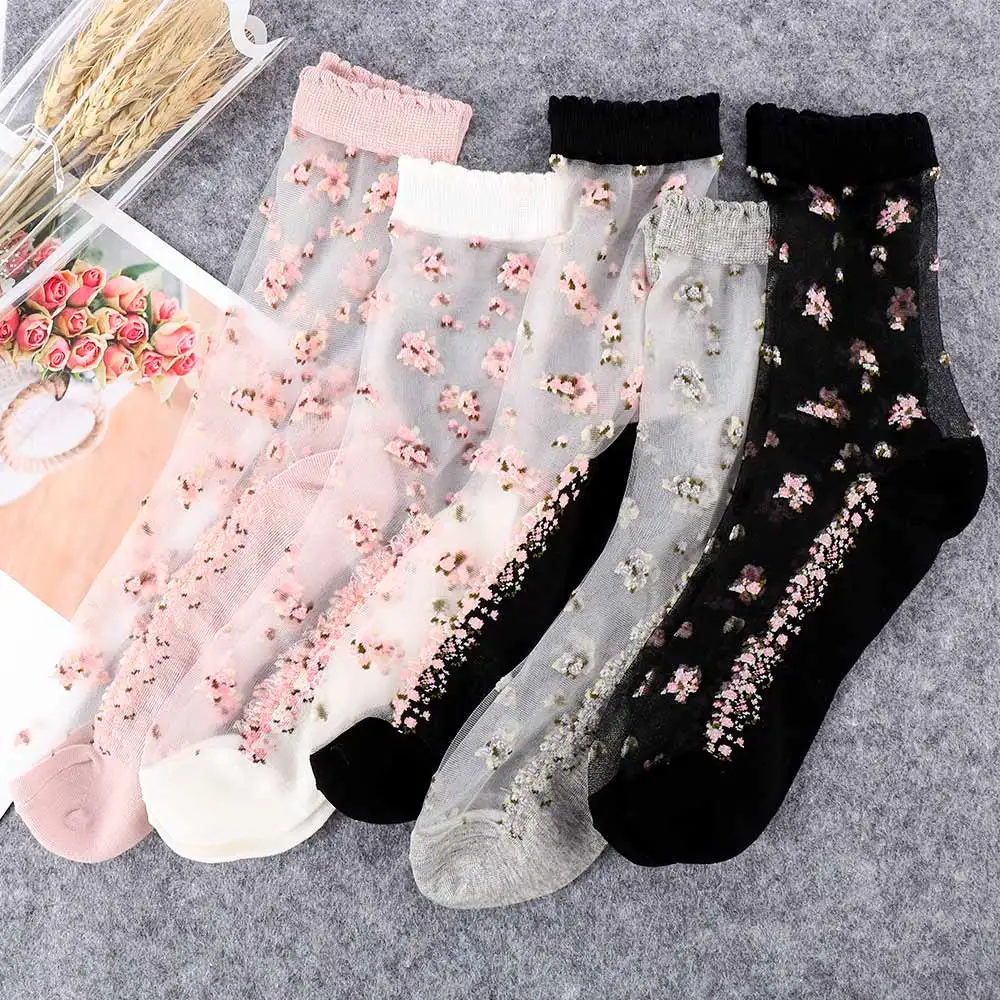 

1 Pair Women Flower Sock Summer Lace Crystal Glass Silk Socks Short Thin Transparent Roses Jacquard Elastic Ultrathin Socks