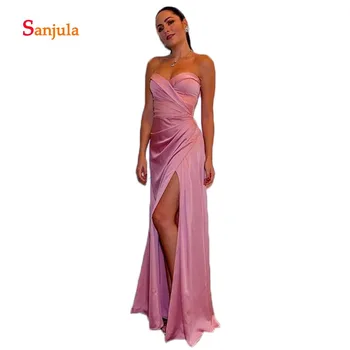 

Leg Slit Night Evening Party Dresses Sweetheart Pink Satin Formal Dresses 2019 Cheap Evening Dresses Long abiye elbiseler D767