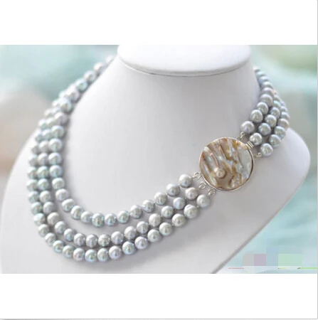 

Free shipping >>>>>>P3832 3row 10mm gray round freshwater cultured pearl necklace