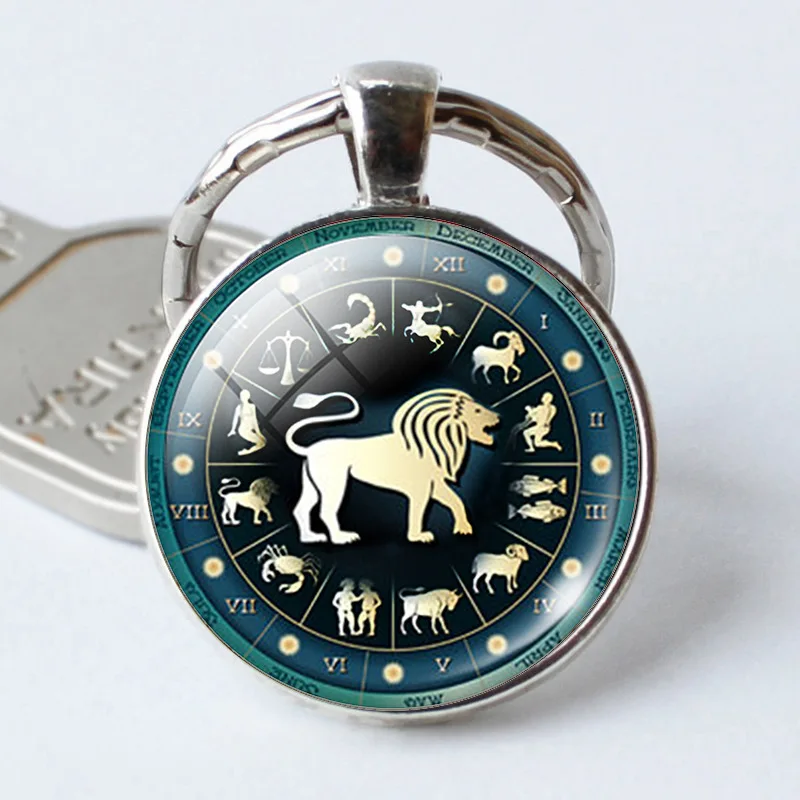 New Leo Virgo 12 Constellation Key Chains Glass Cabochon Pendant Zodiac Sign Rings Silver Plated Bag Keychains | Украшения и