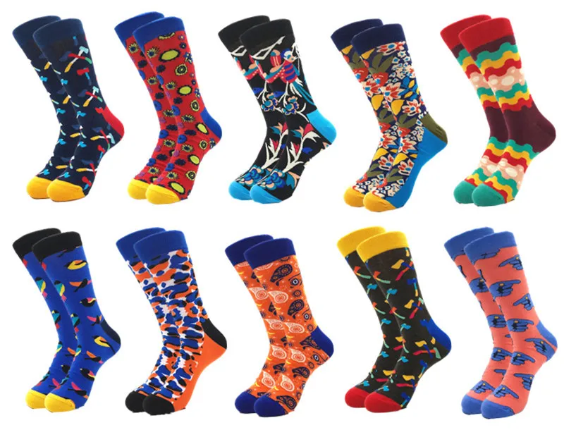 10 пар/лот качественные Брендовые мужские Веселые носки из чесаного хлопка красочный веселый мультфильм носки Модные Повседневное Длинные