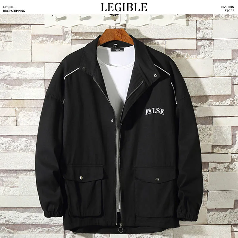 

LEGIBLE Hip Hop Jacket Men Spring Autumn Loose Solid Pocket Mens Jackets And Coats Embroidery Windbreaker Jacket Men Clothes