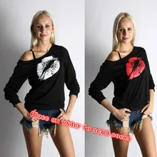 2017 Fashion Autumn Long Sleeve Women Tee Shirt Autumn Tshirt Oblique Pattern Collar Big Lip Sexy Female Top Black Women T Shirt