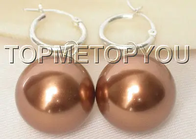 

Free Shipping >> Dangle big 20mm coffee round sea shell pearls earring 925sc