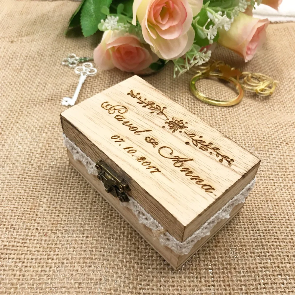 Personalized Rustic Ring Bearer Box Custom Wedding Ring holder vintage Wedding Ring Bearer Pillow Box, Engraved Wooden Ring Box