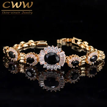 

CWWZircons Elegant Flower Shape Chain Link Light Yellow Gold Color CZ Black Crystal Stone Bracelets Bangles For Women CB072