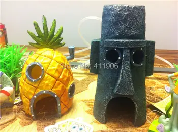 

2 Pcs SpongeBob Pineapple House & Squidward Easter Island Home Aquarium Decoration Fish Tank Ornament Decor Free Shipping