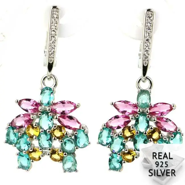 

Real 6.0g 925 Solid Sterling Silver Colorful Aquamarins Citrine Pink Tourmaline Earrings 38x19mm