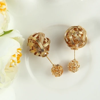 

Hesiod New Fashion Double Sides Gold Silver Color Earring Two Ball Knitted Stud Earrings For Girls Wholesale Twist Earrings