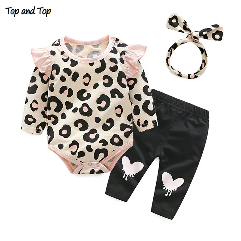 

Top and Top Cute Baby Girls Clothing Set Autumn Long Sleeve Leopard Printed Romper Tshirt+Pants+Headband 3Pcs Infant Girl Outfit
