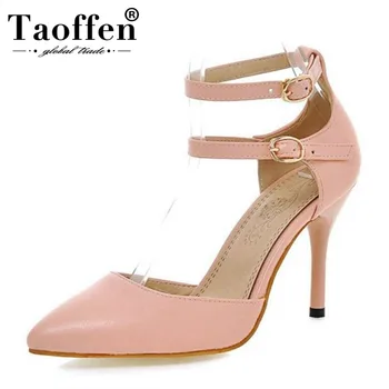 

TAOFFEN Dropshipping Women Sandals High Heel Shoes Ankle Strap Pointed Toe Heeled Wedding Party Dress Shoes Mujer Size 31-47