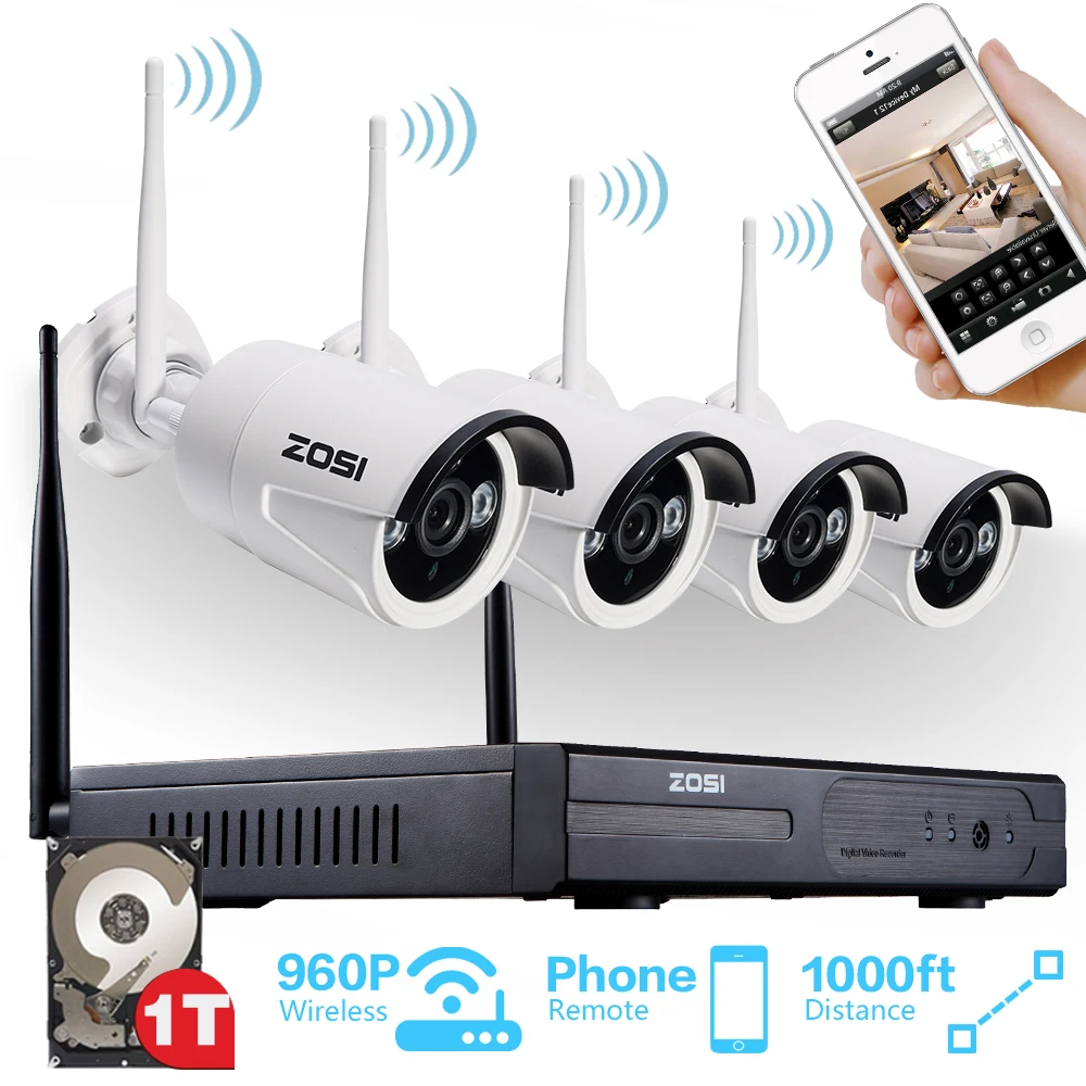 ZOSI 4CH CCTV System 960P NVR 4PCS 1.3 MP IR Outdoor P2P Wireless Wifi IP CCTV Camera Security System Surveillance Kit 1TB HDD