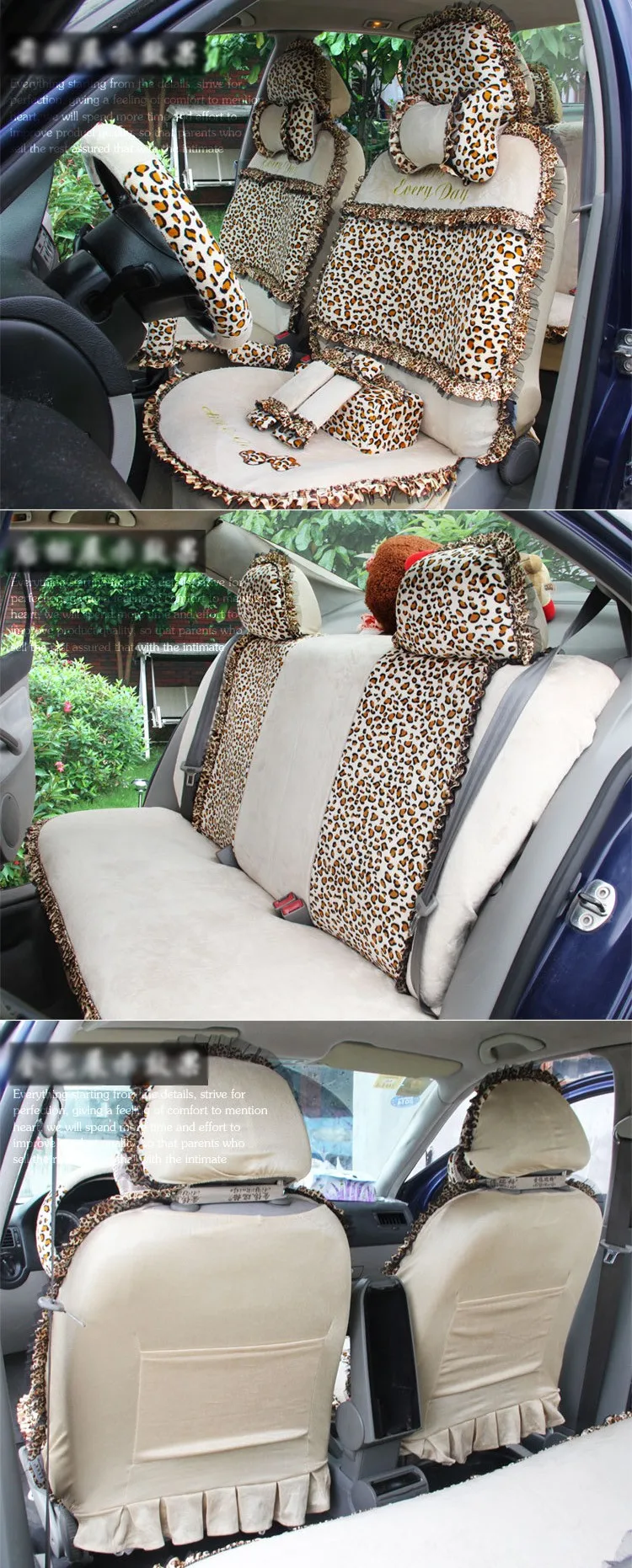 Leopard Autositzbezüge Komplettset mit Lenkradabdeckung 2  Sicherheitsgurtpolster, Gepardendruck Sitzbezüge für Autos für Frauen,  Airbag-kompatibel, universell