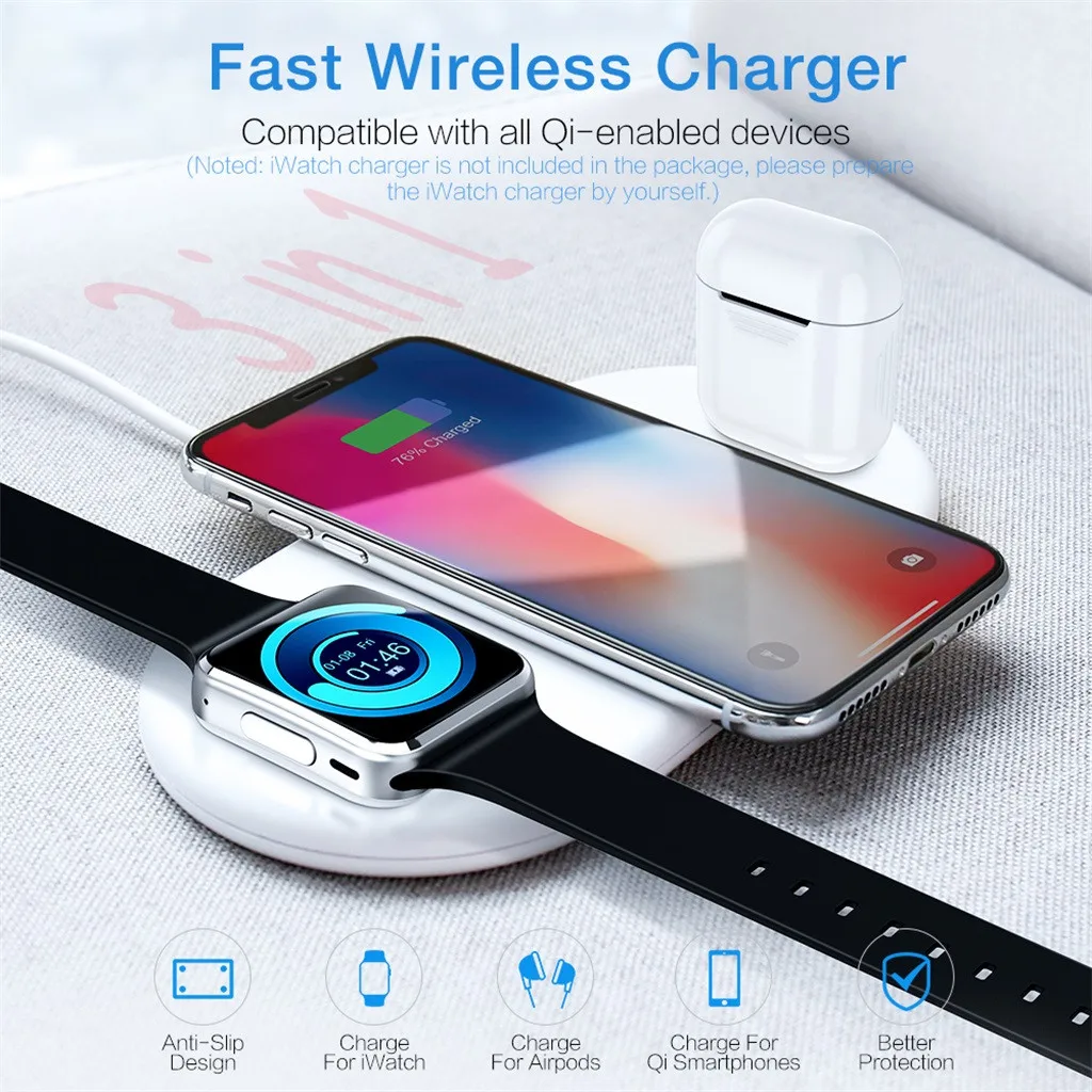 Беспроводное зарядное устройство CARPRIE Qi 3 в 1 быстрое с USB подставкой для IPhone X Xs MAX XR