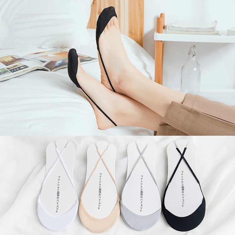 

SP&CITY 4Pairs Solid Ice Silk Anti-Skid Invisible Socks Women Soft Padded High Heel Boat Socks Female Breathable Sock Slippers