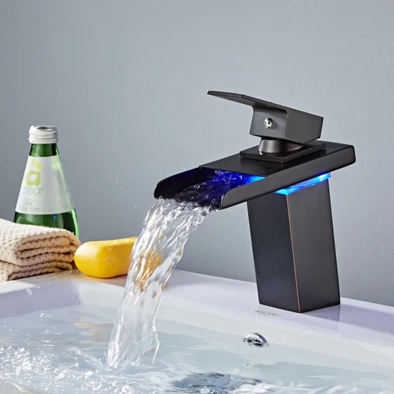 

ORB LED Basin Faucet Waterfall Temperature Colors Change Bathroom Mixer Tap Deck Mounted Wash Sink Tap Hot And Cold Black Faucet