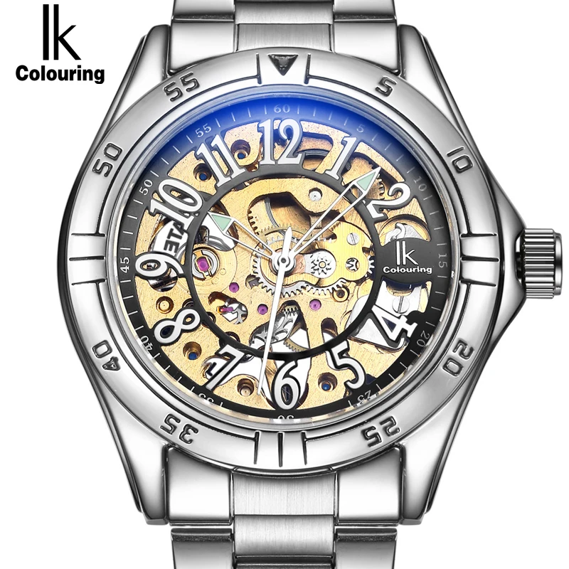 

relogio masculino IK colouring Gold Skeleton Mechanical Hand Wind Watches Men Luxury Brand Business Silver Steel Band Watch