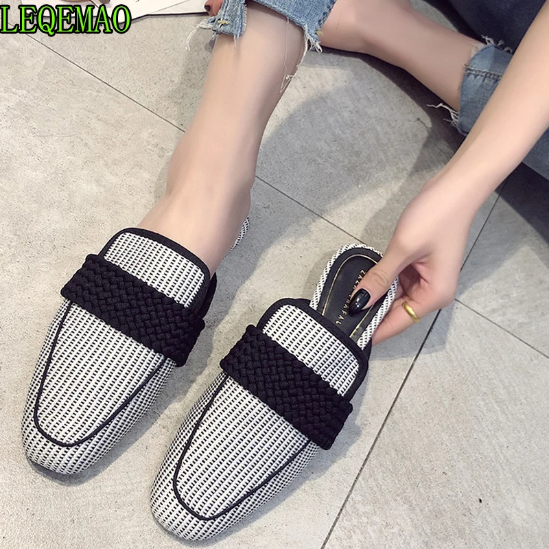 

Square Toe Cotton Mules Women Flats Heels Cotton Fabric Gingham Elegant Beauty Classics Mature Retro Flat Mules Big Size 40