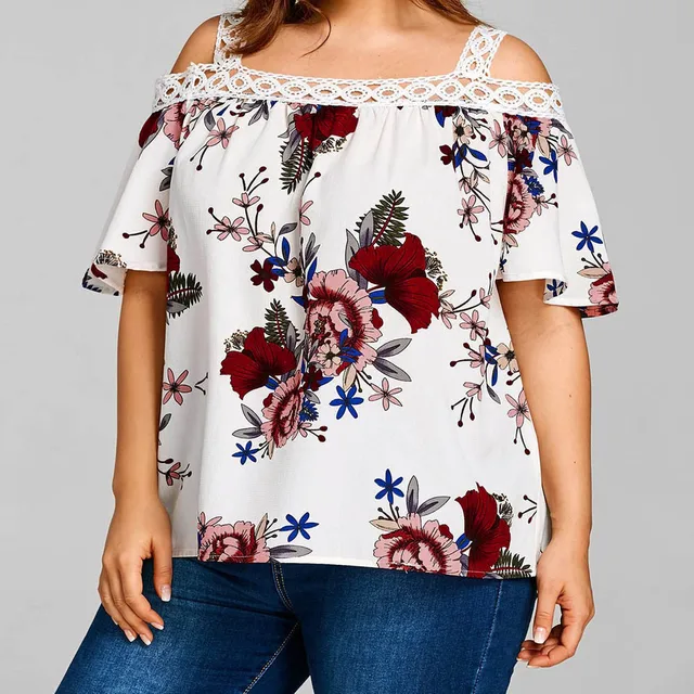 2019 Women Sexy Lace Cold Shoulder Floral Blouses Tops Summer Top Casual Loose Short Sleeve Blouse Female Shirts Blusa Plus Size 2