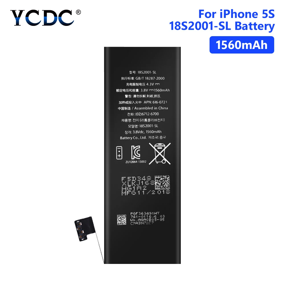 YCDC литиевая Высококачественная реальная емкость 3,8 V 1560mAh батарея для iPhone 5S 5C iPhone5S аккумуляторная батарея для телефона