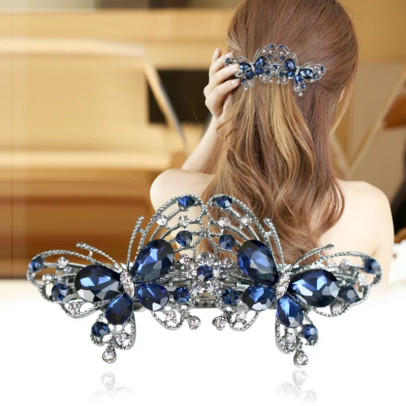 

Vintage Elegant Rhinestone Double Butterfly Hairpin Headdress Blue Silver Crystal Spring Clip Barrettes Female Hair Accessories