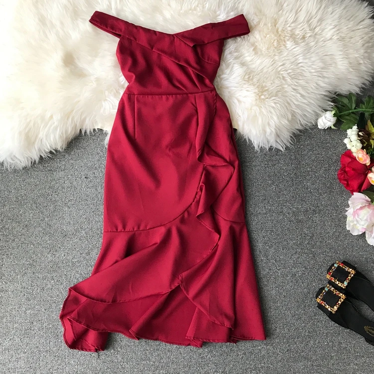 

2019 spring and summer new beach holiday word shoulder high waist elegant long skirt irregular ruffled long dress beach skirt