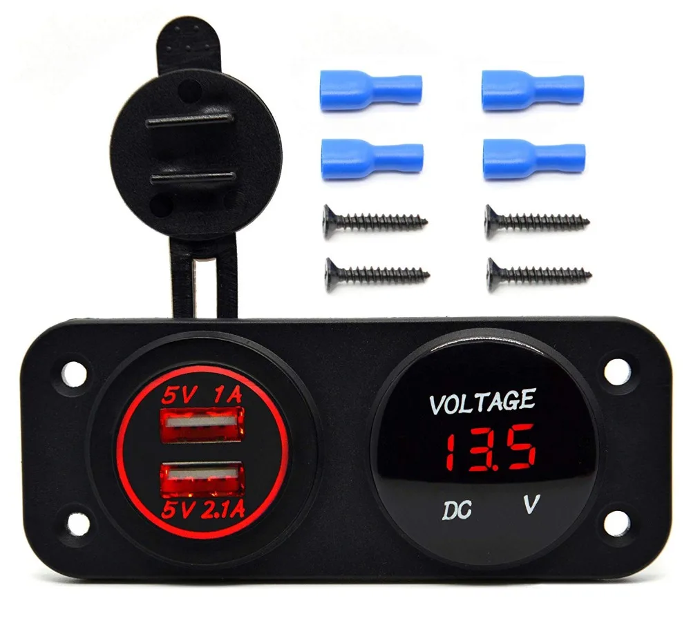 DC 12V 24V LED Digital Voltmeter + Dual USB Outlet Power Socket Panel 2