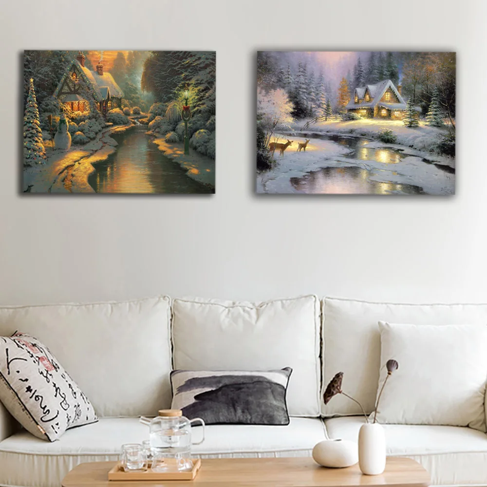Günstige Weihnachten winter schnee nacht cottage mit fluss wand grafik bild führte leinwand leuchten ölgemälde HD gedruckt hause decor