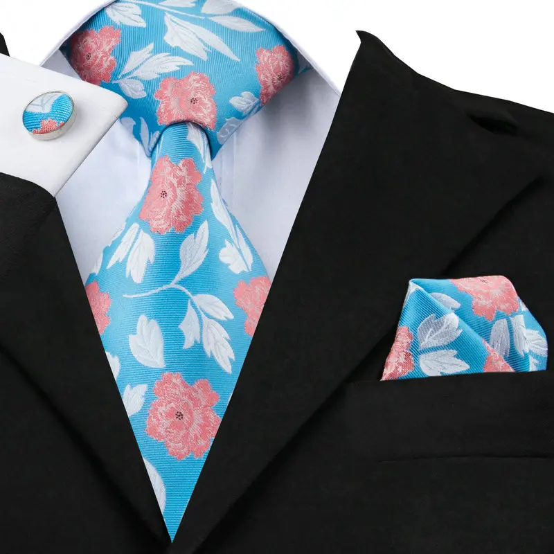 SN 245 Deepskyblue White Floral Tie Hanky Cufflinks Sets Men's 100