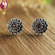 Hecho a mano genuino plata esterlina 925 piedra roja ZIRCON diseño flor redondo regalo del Día de San Valentín Pendientes de broche para las mujeres