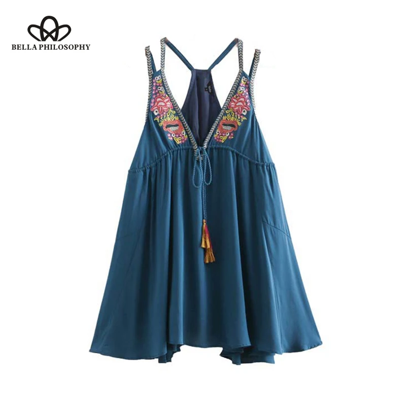 Wonder 2018 new summer V neck floral embroidery dress tassel tie sleeveless pleated ladies summer casual mini dress vestidos