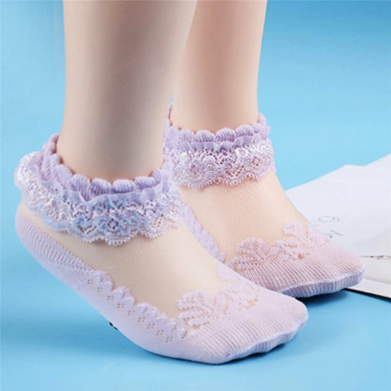 Новые модные милые кружевные носки для девочек детские короткие носки принцессы младенец, девочка, малыш, розовый, белый - Цвет: Фиолетовый