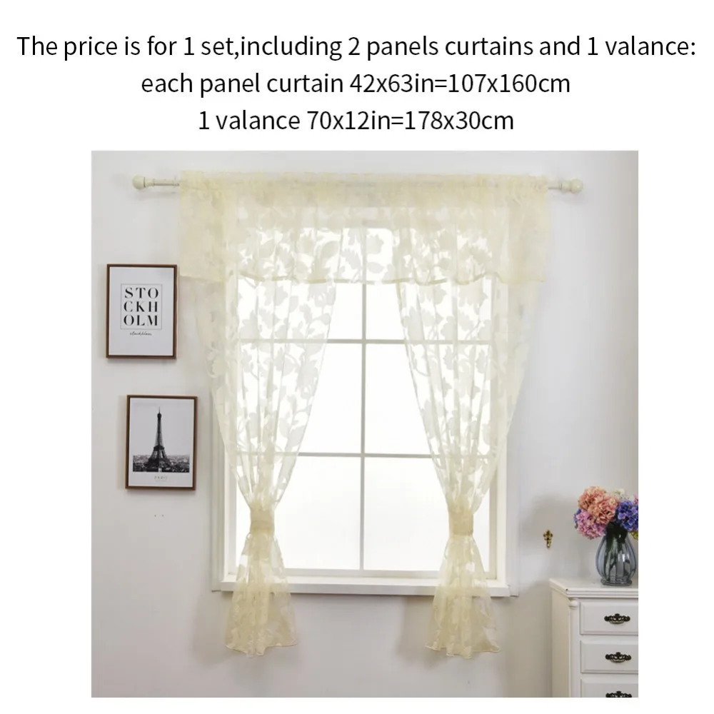 Smt462 NAPEARL Floral Leaves Jacquard Short Tulle Drops Valance Set Kitchen Windows With Ropes Cream Color Rustic Decor Fabric Circle