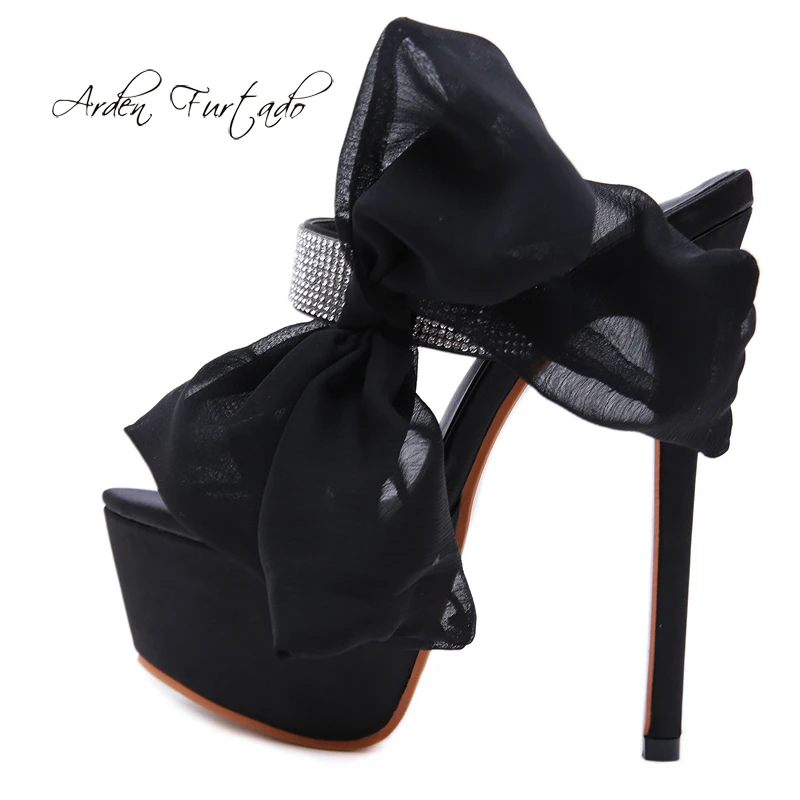 

Arden Furtado Summer Fashion Women's Shoes Stilettos Heels platform Slippers mesh ribbon butterfly knot open toe slides size 40
