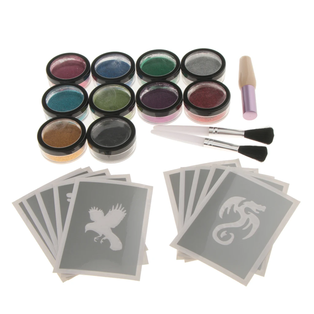 MagiDeal Temporary Body Art Face Paint Shimmer Glitter Powder Tattoo Stencils Brushes Tattoo accesories