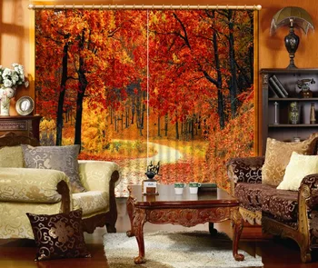 

High quality custom 3d curtain fabric Red leaf maple forest Luxury Blackout 3D Window Curtain For Living Room tree curtains