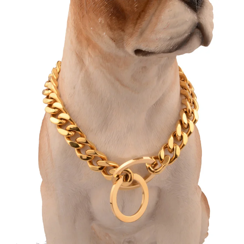 

Gold Tone 14mm Stainless Steel Curb Cuban Link Chain Dog Collar Dogs Training Collar Pet Chain 12-32" Length For Choose