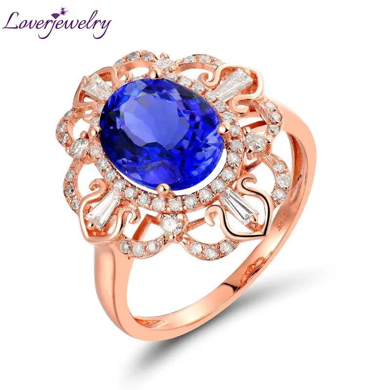 

Luxury Blue Tanzanite Anniversary Loving Ring Design Solid 18K Rose Gold Diamond Fine Jewelry for Women Birthday Gift
